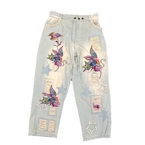 PAPER LACE Distressed High Waist Patchwork Jeans XL Baggy Boho Y2K  Festival